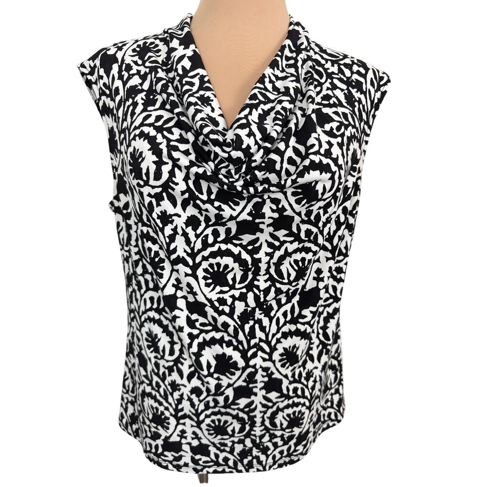 Kasper Separates Black White Drop Neck Sleeveless Top Womens M Office Blouse